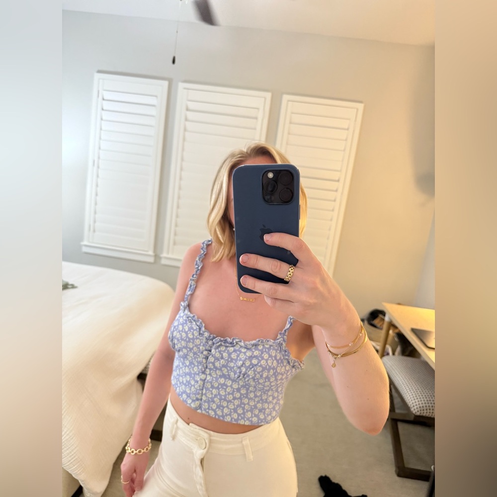 Zara Blue and White Fitted Crop Tank Top